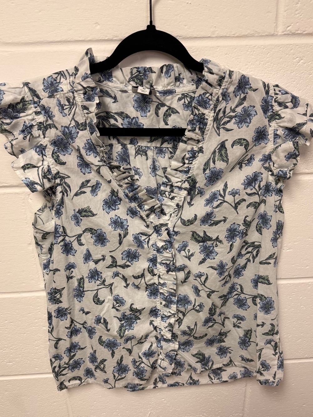 J. Crew Blue Floral Ruffle V-Neck Blouse
